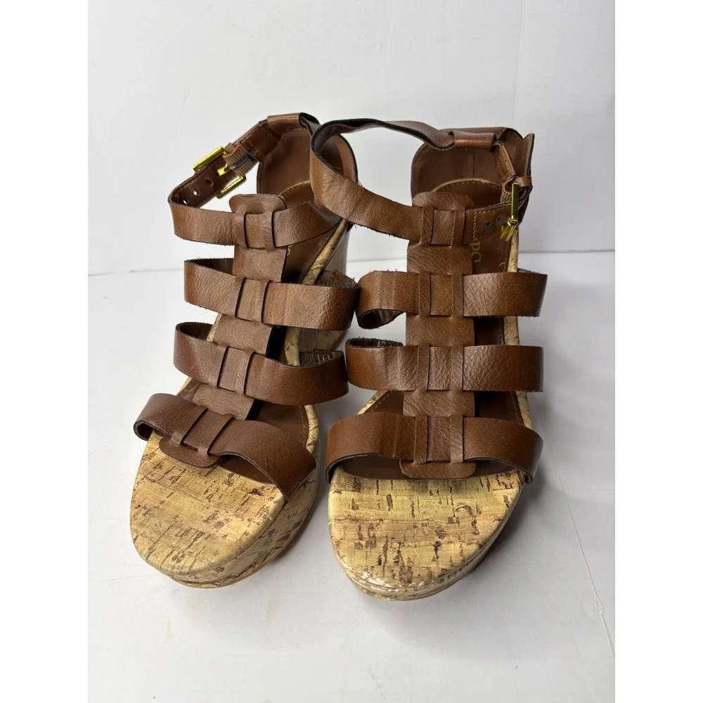 Chaps Brown Strappy Cork Wedge Sandals Womens 6.5B Platform‎ Buckle Gladiator
